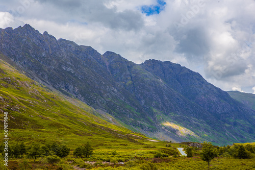 The mountain landscape in Glencoe, a valley in Highlands, Scotland.