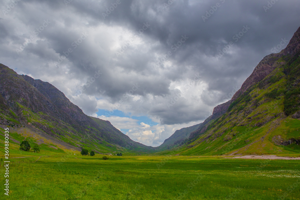 The mountain landscape in Glencoe, a valley in Highlands, Scotland.