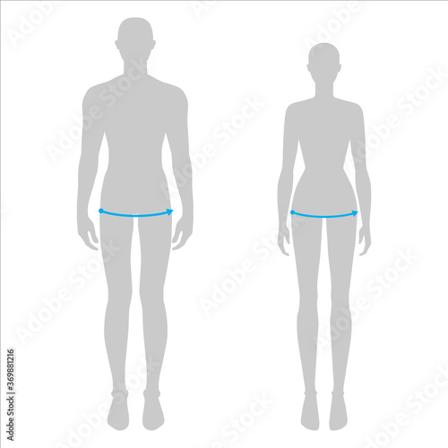 Women and men to do hip measurement fashion Illustration for size chart. 7.5 head size girl and boy for site or online shop. Human body infographic template for clothes. 