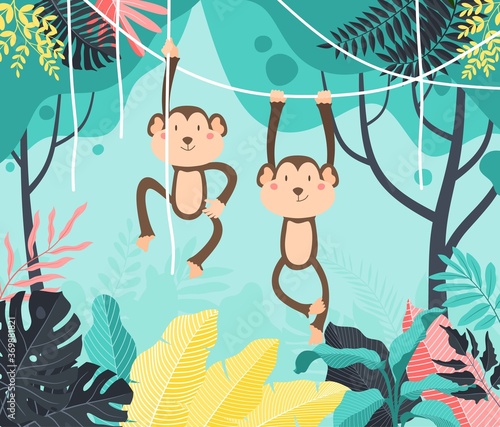 Cute baby monkey hanging on tree. A cute monkey swinging from vines, lianes. Vector illustration. Flat design.
