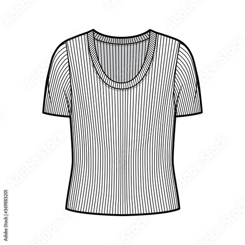 Ribbed scoop neck knit sweater technical fashion illustration with short rib sleeves, oversized body. Flat outwear apparel template front, white color. Women, men unisex shirt top CAD mockup