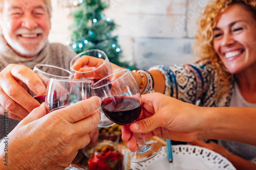 Cheerful people family and friends toasting with red wine - xmas christmas green tree in background - celebrate and event traditional concept for caucasian adult and senior photo