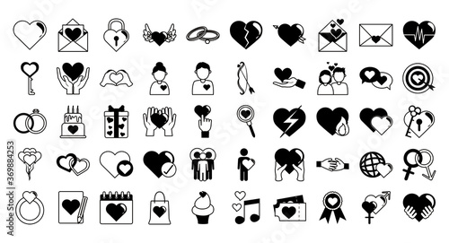 love heart romantic passion feeling message linear style icons set
