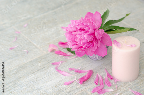 Beautiful pink peony flowers and white candle on light grey stone background with copy space for your text top view. Greeting card  SPA and romantic concept.