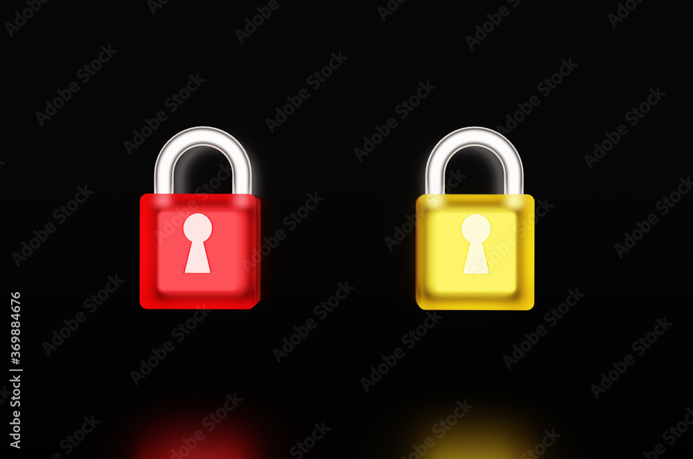 Fototapeta premium Transparent Glass and glowing Padlock with keyhole isolate on black floor with reflex ,Data Security Encryption ,cyber or information privacy idea. 3D Render.