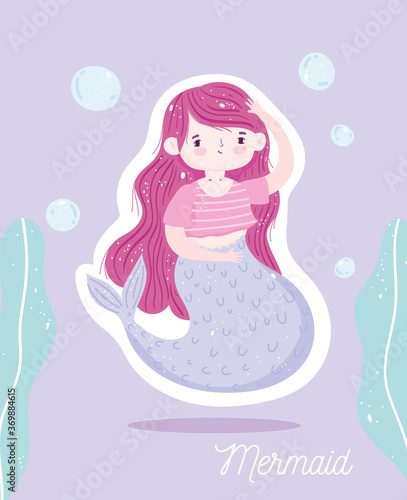 cartoon beautiful little mermaid bubbles seaweed under the sea