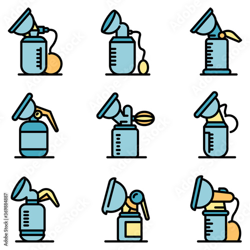 Breast pump icons set. Outline set of breast pump vector icons thin line color flat on white