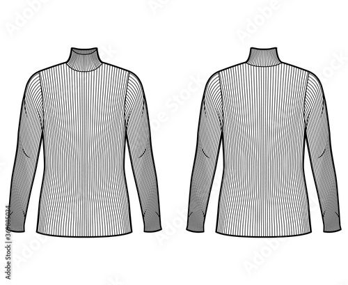 Turtleneck ribbed-knit sweater technical fashion illustration with long sleeves, oversized body, tunic length. Flat sweater apparel template front back white color. Women men unisex shirt top mockup