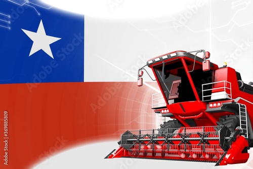 Agriculture innovation concept, red advanced farm combine harvester on Chile flag - digital industrial 3D illustration