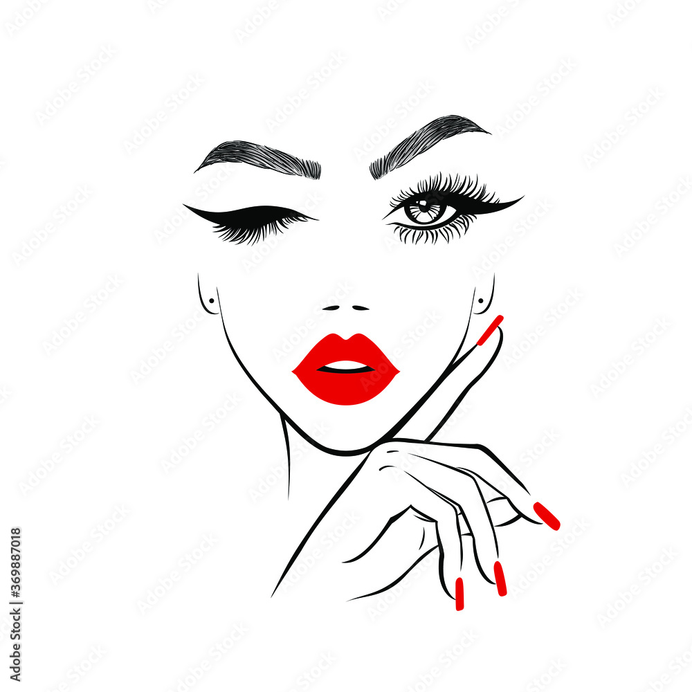 Beautiful woman face with red lips and lush eyelashes with one eye open and one closed, hand with red manicured nails. Spa salon Beauty Logo. Vector illustration Beautiful woman face with red lips and lush eyelashes with one eye open and one closed, hand with red manicured nails. Spa salon Beauty Logo. Vector illustration