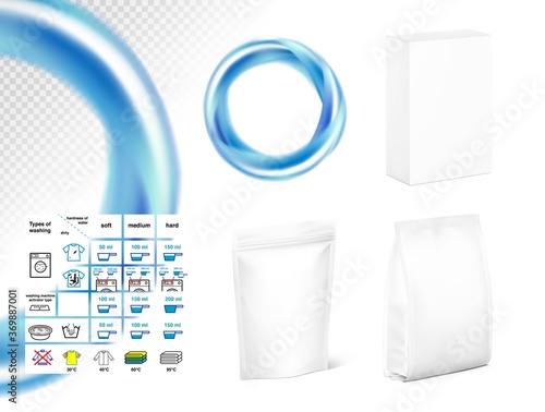 Set of packaging mockups and signs for washing. Vector illustration isolated on white background. Easy to use for presentation your product, design. EPS10.	