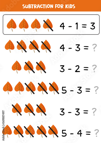 Subtraction with cute autumn leaves. Math game for kids.