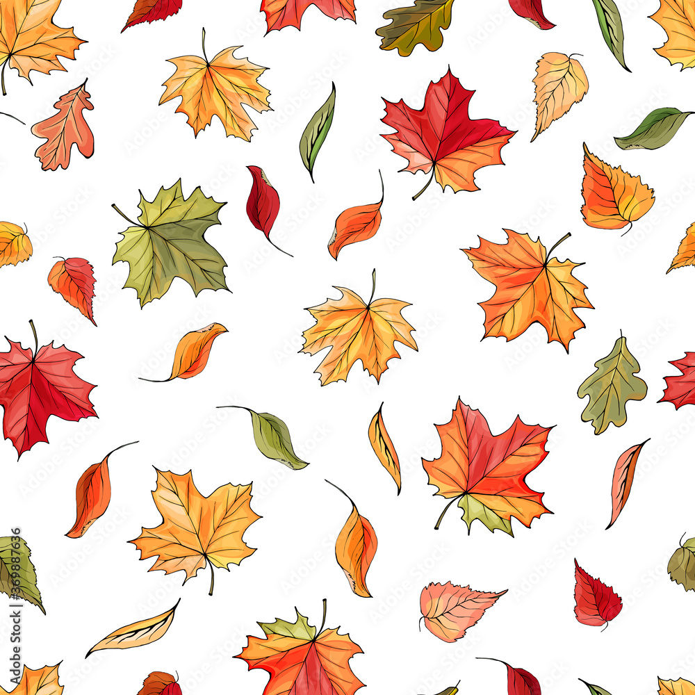 Vector seamless pattern of autumn colorful leaves on white. Background with maple, oak, birch leaf. Illustration for wrapping paper design, autumn sales, wallpaper, textile.