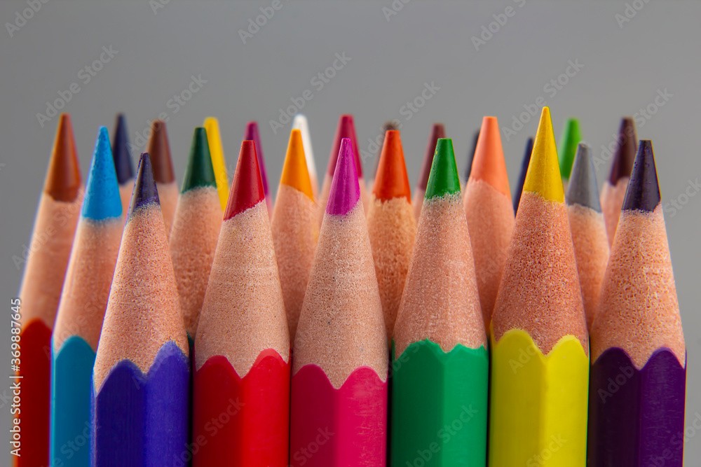 set of color pencils on a gray background. drawing tools. palette in creativity set of color pencils on a gray background. drawing tools. palette in creativity