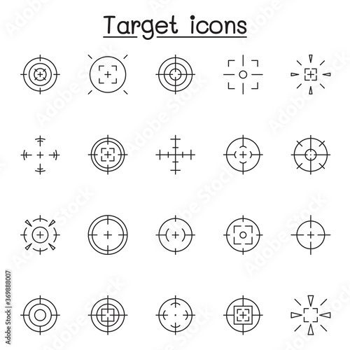 Set of Aim & target Related Vector Line Icons. Contains such Icons as crosshair, sniper scope, shooting game, radar and more