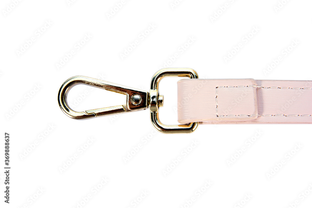 Swivel lobster clasp snap hook clip with leather shoulder bag strap  isolated on white background. Metal swivel clip snap hook or gold trigger  webbing bag hook isolated Stock Photo