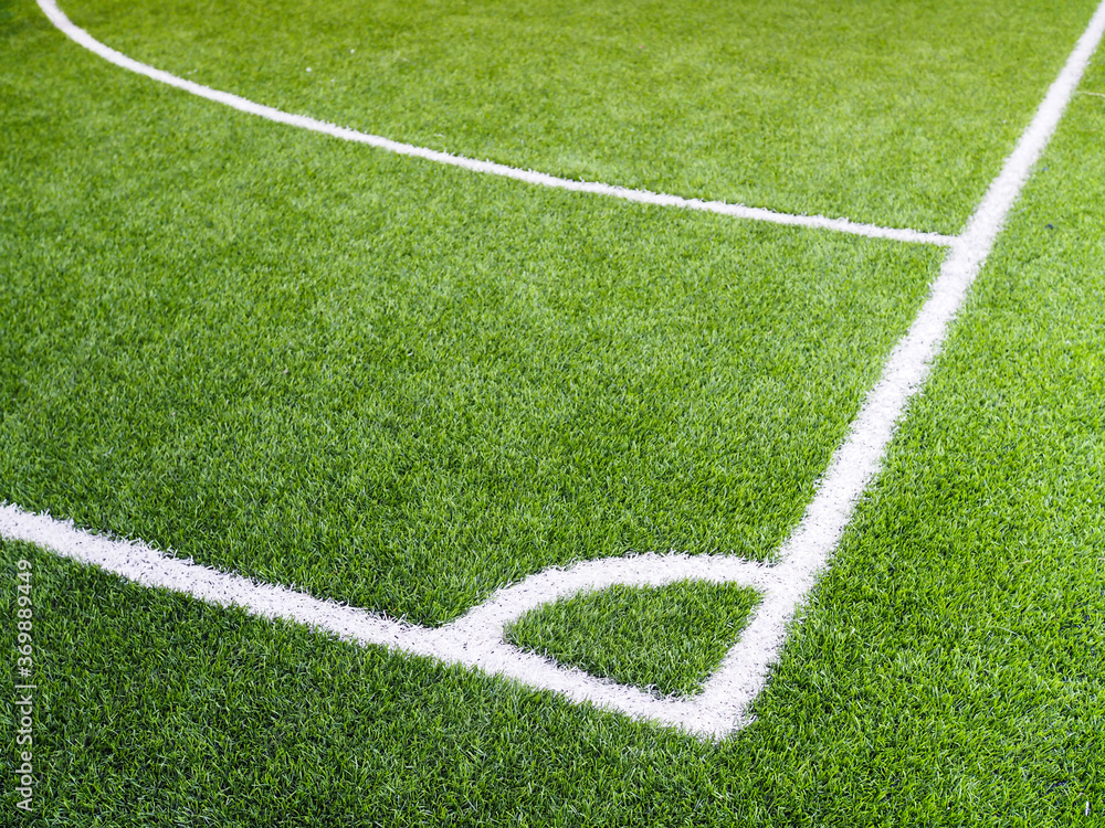 White line on the green grass on the football field or futsal field.