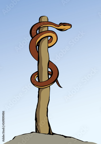 The serpent on the pole. Vector drawing