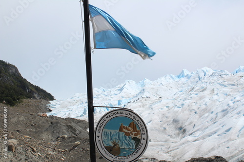 Perito Moreno Glacier Patagonia Argentina, Park Sign and Argentinian Flag