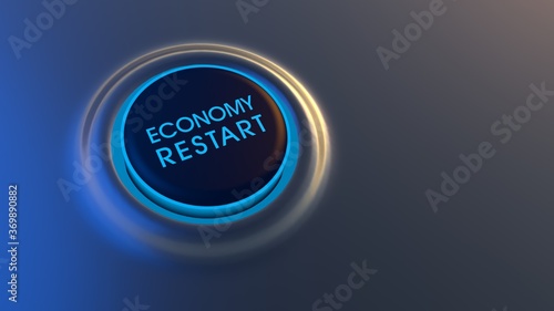 Rebooting the global economy after the coronavirus crisis. Blue glowing restart button on metallic background. 3D rendering