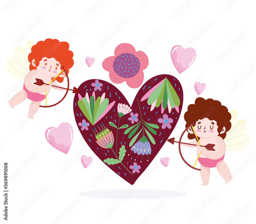 Obraz premium love little cupids shooting arrow heart flowers romantic cartoon