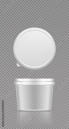 Empty transparent butter, cheese or curd round container with lid mockup - front and top view. Blank plastic food package cream, yogurt, dessert, spread. Product template. 3d vector illustration