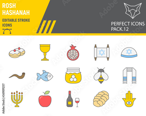 Schilderij op canvas Rosh hashanah color line icon set, hanukkah collection, vector sketches, logo illustrations, shana tova icons, rosh hashanah signs filled outline pictograms, editable stroke