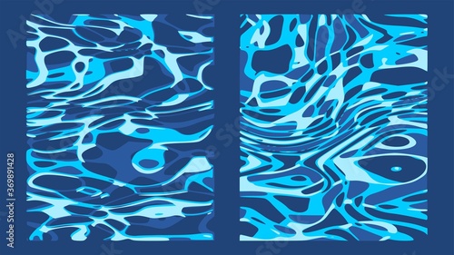 Vector set of sea surface backgrounds. Abstract cartoonish templates with water for concept design. Deep blue ocean water and foam on the top