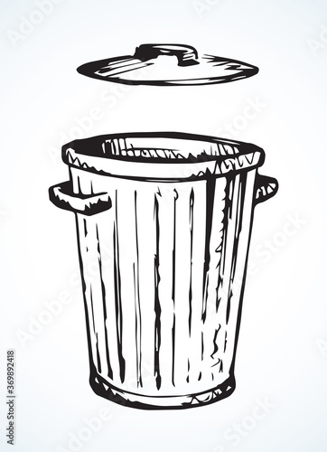Iron trash can isolated on white. Black ink hand drawn sign