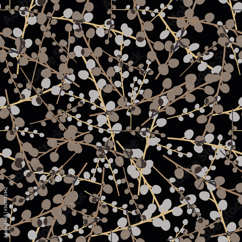 Vector pussy willow seamless floral pattern background. Elegant silver, bronze silhouette branches on black backdrop. Hand drawn illustration. Texture all over print for wellness, packaging