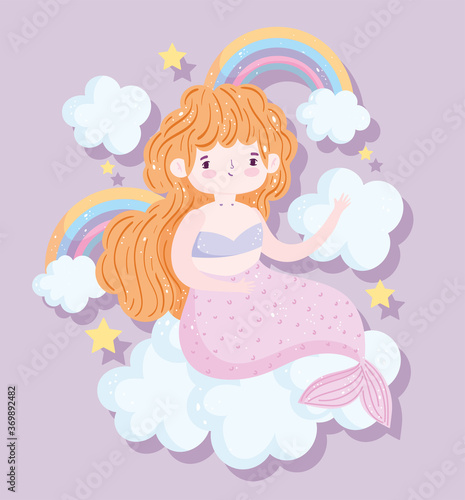 cute little blonde mermaid rainbows clouds stars cartoon