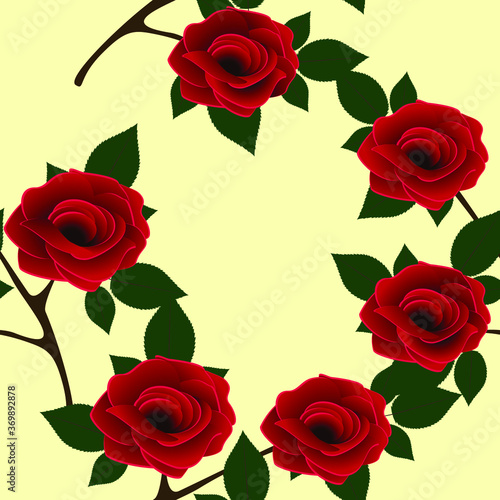 Beautiful seamless pattern with red roses on a yellow background.