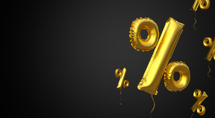 Black Friday. Gold balloon symbol of percent on a black background. Copy space for text