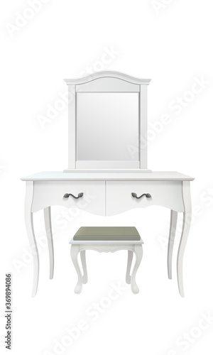 White antique bedroom vanity dressing table set with stool and mirror isolated on white background. realistic 3d vector illustration