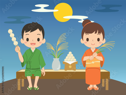 お団子とススキを持っている男の子と女の子　イラスト　ベクター