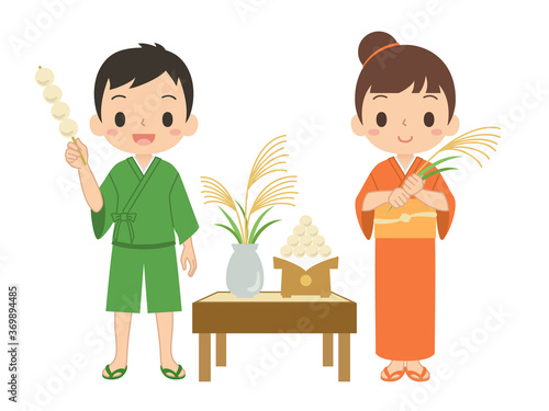 お団子とススキを持っている男の子と女の子　イラスト　ベクター
