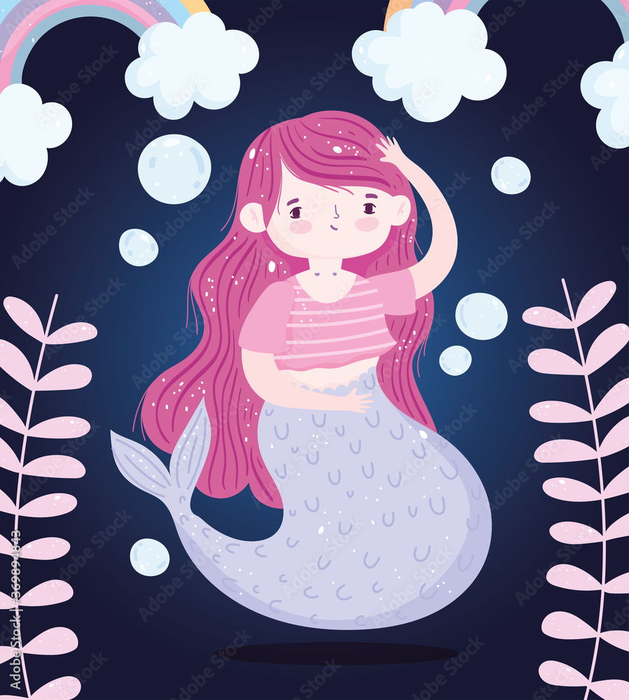 cute little mermaid pink hair seaweed cartoon dark background