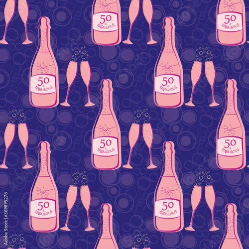 Fifty and fabulous seamless vector pattern background. Girly pink and purple bubble textured backdrop with Champagne bottles, fizzing glasses, text. Geometric repeat for milestone birthday celebration