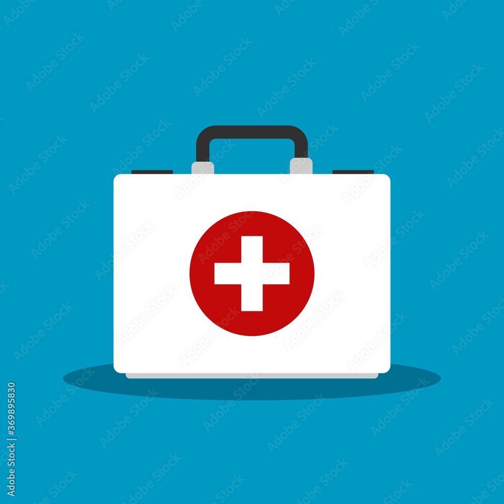 Obraz premium White first aid kit isolated on blue background. Health, help and medical diagnostics concept. Vector illustration
