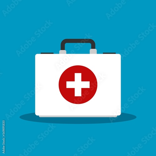 White first aid kit isolated on blue background. Health, help and medical diagnostics concept. Vector illustration