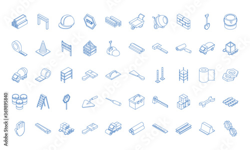 isometric repair construction work tool and equipment brick barrier helmet sign board shovel saw screwdrive flat style icons set