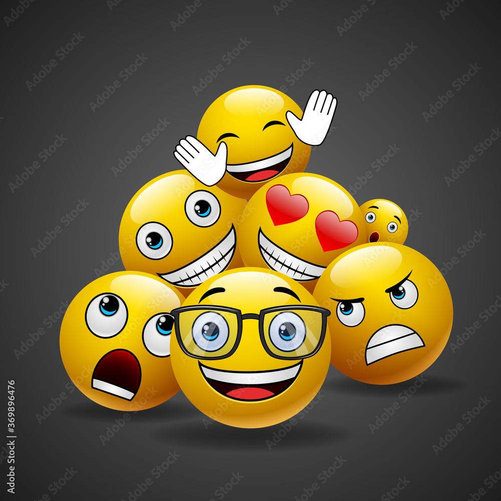 Concept for community people teamwork, black background with group of  smiley emoticons, emoji. illustration Stock Vector | Adobe Stock