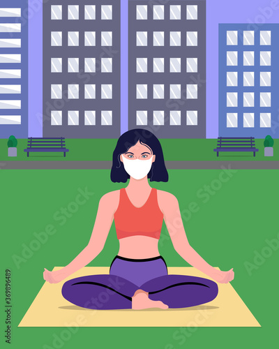Yoga in the city park. A woman in a mask practices yoga in the lotus position. Mask mode and social distance in post-quarantine time. Health care. Vector illustration