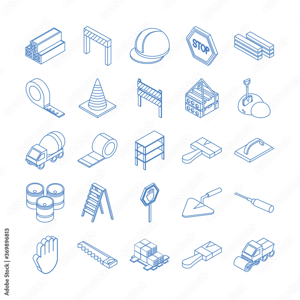 isometric repair construction work tool and equipment bricks barricade helmet brush shovel saw truck flat style icons set