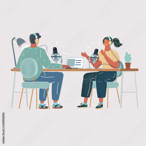Vector illustration of man interviewing a woman in a radio studio. Making podcast process. Air, live blog concept on white background.