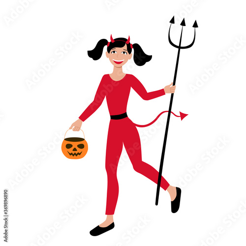 Girl dressed as devil and carrying a pumpkin candy bag for Halloween carnival party. Costume of a little imp with horns tail and trident. Stock vector flat illustration isolated on white.