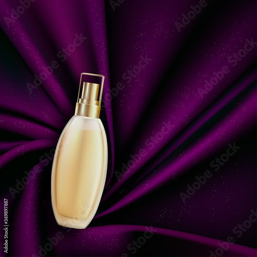 purple wave silk fabric abstract background with perfume bottle