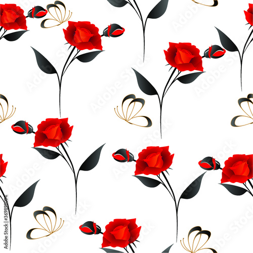 Roses with butterflies on a white background  seamless pattern.