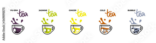 Tea cup icons hot drink with splashes