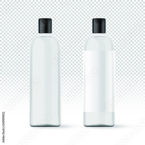 Realistic white transparent cosmetic bottles with label. Cosmetic containers and tubes for cream, shampoo, gel, balsam, conditioner, soap, ointment, toothpaste, lotion etc. Vector Illustration